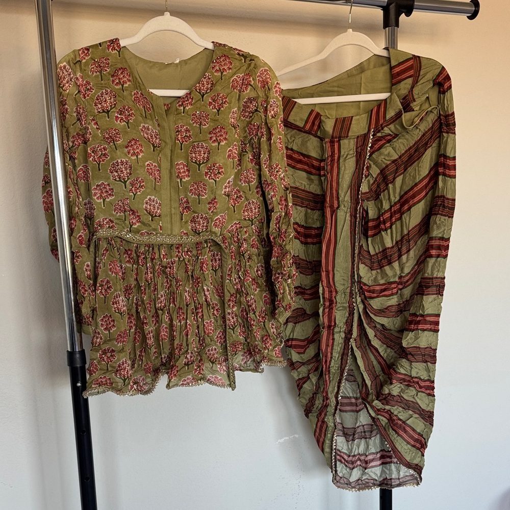 Floral peplum top and Striped Green and Red dhoti skirt Outfit